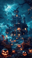 Obraz premium Spooky haunted house with glowing jack-o'-lanterns at night, surrounded by bats and eerie atmosphere, perfect for Halloween themes.