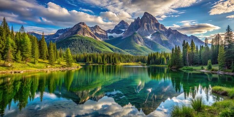 Serene Mountain Landscape With Towering Peaks, Lush Greenery, And A Tranquil Lake In The Foreground