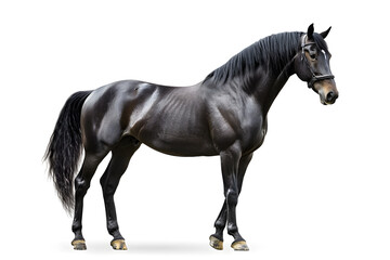 Fototapeta premium Black horse standing proudly in full body pose isolated on white background 