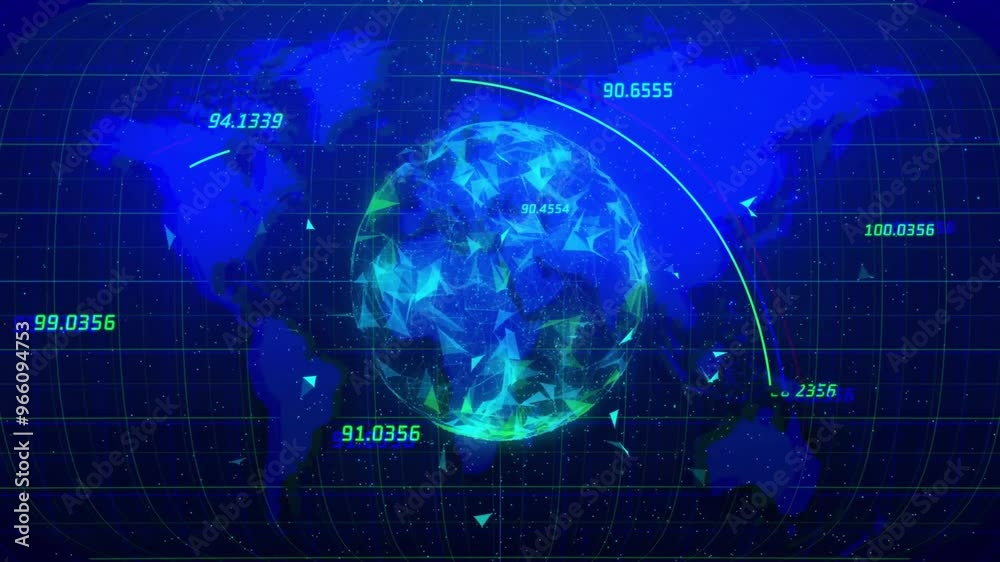 Poster animation of network of connections with data processing over globe