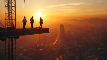 Fototapeta premium Standing on steel beam, construction workers admire stunning sunset over city skyline, showcasing beauty of urban development and teamwork