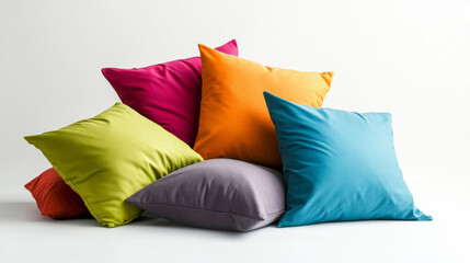 A bunch of pillows in different colors, set against a plain white background.