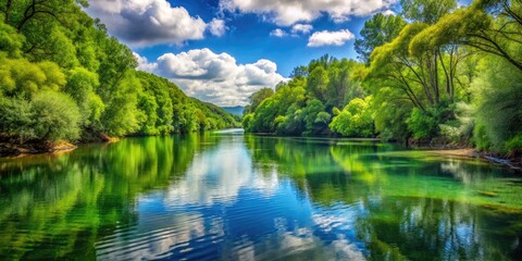 Fototapeta premium Serene River With Rippling Clear Water And Lush Green Vegetation Lining Its Banks