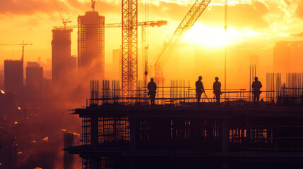 Obraz premium first light hitting construction workers as they prepare for day, silhouetted against stunning sunrise. scene captures essence of hard work and determination in an urban setting