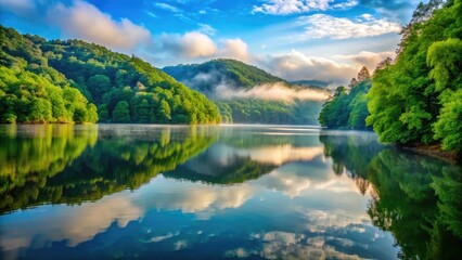 Fototapeta premium Serene summer morning at Laurel River Lake, Kentucky, with misty fog rolling over calm waters, surrounded by lush green forest and gentle rolling hills.