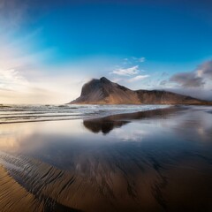 beach with a mountain and a reflection on wet sand