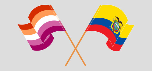 Crossed and waving flags of Lesbian Pride and Republic of Ecuador. Vector illustration