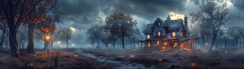 Eerie haunted house in a foggy forest under a dark, stormy sky. Mysterious atmosphere with glowing windows and an abandoned pathway.