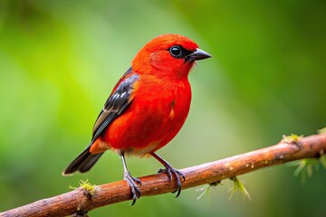 Fototapeta premium Small, Vibrant Red Bird With A Distinctive Crest And Black Markings Perched On A Branch In Nature.