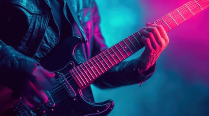 Obraz premium Guitar player on stage, vibrant music notes radiating, electric energy, neon lighting