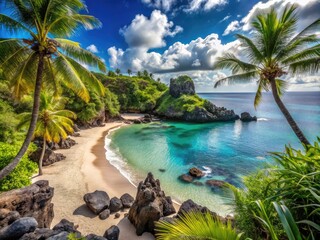 Soft white sand stretches along tranquil turquoise waters at a secluded tropical beach, framed by rustling palm trees and rugged volcanic rock formations.