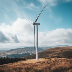 Wind turbine on a hilltop with a view of the mountains.