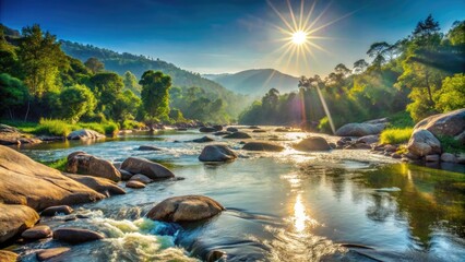 Sparkling sunlight illuminates serene Cauvery River waters flowing smoothly around lush green forests and granite boulders in the scenic Karnataka countryside landscape.