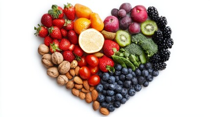A vibrant array of fresh fruits and vegetables arranged in a heart shape, symbolizing health and love for nutrition.