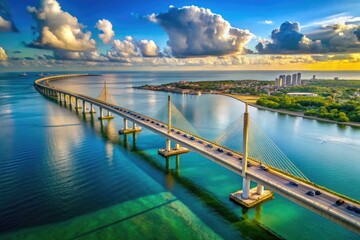 Fototapeta premium Stunning Aerial Panorama Of The Iconic Sunshine Skyway Bridge Across The Vast Expanse Of Tampa Bay, Connecting Bustling Cities And Tranquil Shores.