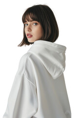 Naklejka premium Young woman wears blank white hoodie mockup photography fashion hair.