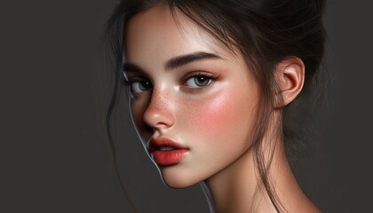 Fototapeta premium Elegant Female Portrait in Abstract Marketing Backdrop: Stunning Detailed Face for Creative Campaigns. High-Resolution Artistic Composition Blending Beauty and Abstraction. Ideal for Cultural Promotio