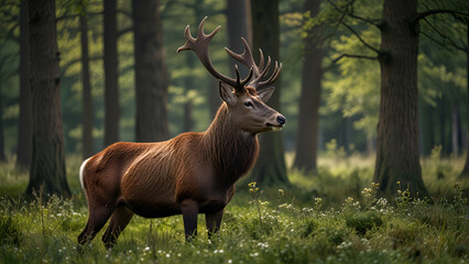 Obraz premium A Red deer stag with antlers in spring forest, Amsterdamse Waterleidingduinen, Netherlands.