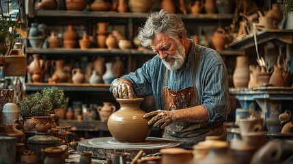 Experienced potter shaping clay pottery in a rustic workshop