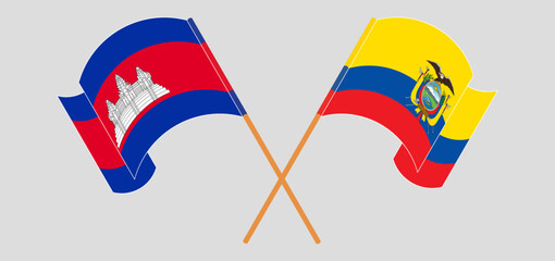 Crossed and waving flags of Cambodia and Republic of Ecuador. Vector illustration