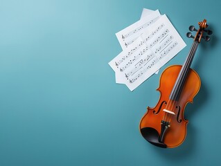 Fototapeta premium Violin surrounded by floating sheet music, soft lighting, pastel colors, serene mood