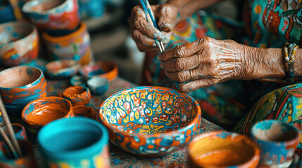 Elderly craftsperson painting delicate patterns on colorful pottery, showcasing skilled artistry and vibrant colors. intricate designs reflect deep cultural heritage and passion for craftsmanship