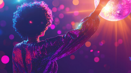A person in retro 70s disco attire with bold colors and sparkling disco ball creates vibrant and energetic atmosphere. scene captures essence of lively disco party