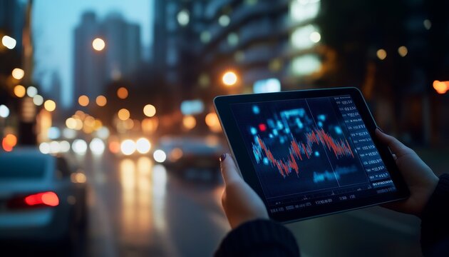 A person holds a tablet displaying financial data against a blurred city backdrop at dusk.
