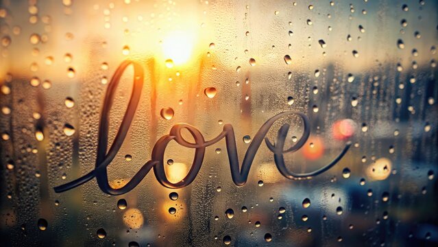 Tenderly written on a misty windowpane, the handwritten word "LOVE" appears in bold, cursive script, surrounded by delicate droplets of dew, evoking a sense of warmth and intimacy.