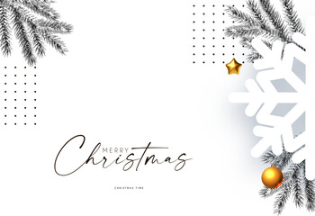 Christmas and New Year background. Winter halftone decoration. Gold and snow. Fir tree branch with toys and snowflakes