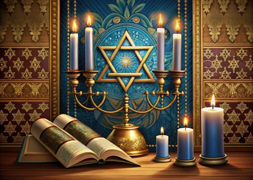 Traditional Jewish religious symbols, including the Star of David, Menorah, and Torah scrolls, elegantly arranged on a intricately designed background with subtle Hebrew texts.