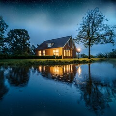 Obraz premium rain scene of house reflected on the water at night