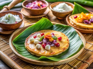 Fototapeta premium Traditional Southeast Asian Pancake Made With Fermented Rice And Coconut Milk, Served With Sweet Toppings