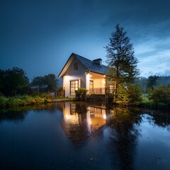 Obraz premium rain scene of house reflected on the water at night