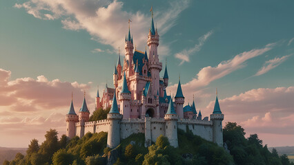 Dreamlike pastel-colored fairytale castle, a magical and mystical medieval kingdom scene.