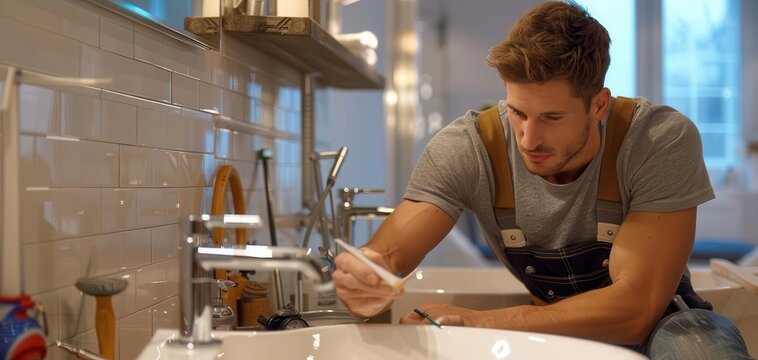 A focused man in overalls fixing a faucet in a modern bathroom, representing home improvement and plumbing repair.