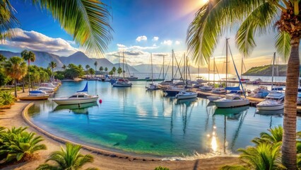 Fototapeta premium Tranquil Marina With Sailboats Docked In Calm Blue Waters, Framed By A Sandy Beach And Palm Trees.