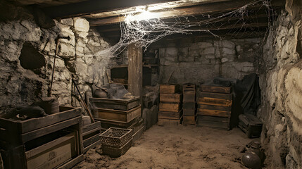 A spooky basement in a haunted house, with stone walls, a dirt floor, and old wooden crates covered in cobwebs