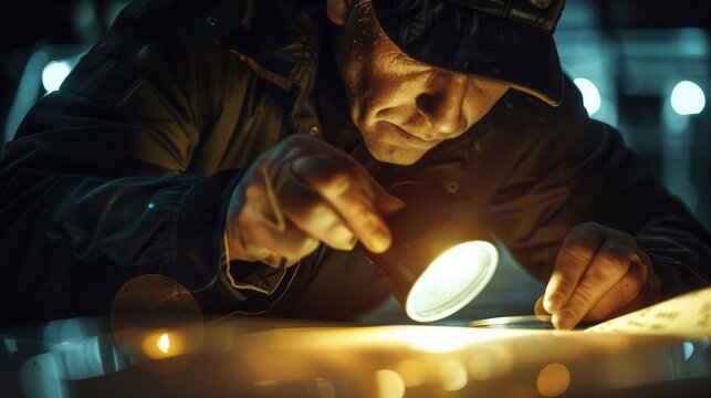Man intently examining an object with a magnifying glass in dim lighting, showcasing curiosity and precision in a close-up shot.