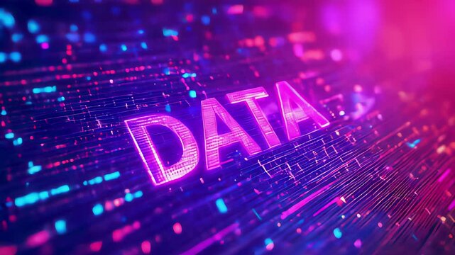 Bright digital DATA text in a neon pink matrix, illustrating futuristic data networks, technology, and information flow in a digital landscape.