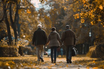 Elderly Couple Walks in Park with Assistant, Hospital Volunteering, Helping Pensioner, Caring for Elderly
