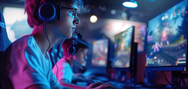 Focused gamers play a competitive online game in a dimly-lit room with multiple computer setups and vibrant neon lighting.
