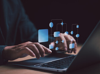 Work process and flowchart Managing the hierarchical structure of an organization. Businessman show...