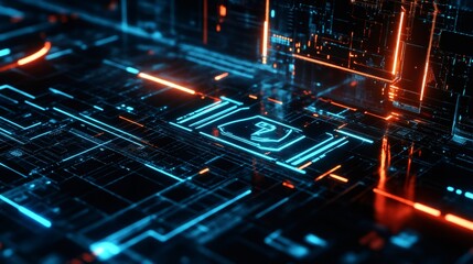 Abstract glowing blue and orange digital lines on a dark background with a digital icon in the center.