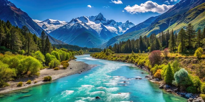 Turquoise River Meanders Through A Narrow Valley With Lush Vegetation And Snow-Capped Mountains In The Background