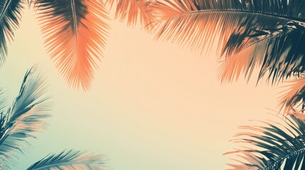 A serene view of palm leaves framing a soft, pastel sky, evoking a tranquil, tropical atmosphere.