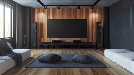 Modern living room interior with a large TV, wooden walls, and a gray rug with pillows.