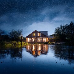 Obraz premium rain scene of house reflected on the water at night