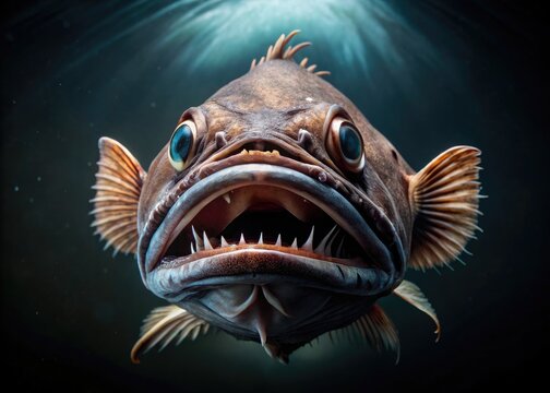 Underwater Photo Of A Deep-Sea Fangtooth Fish With Protruding Teeth And A Wide, Gaping Mouth Against A Dark Background