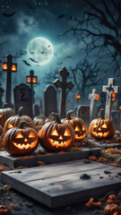 Halloween night background featuring a foggy graveyard and glowing jack-o-lanterns.